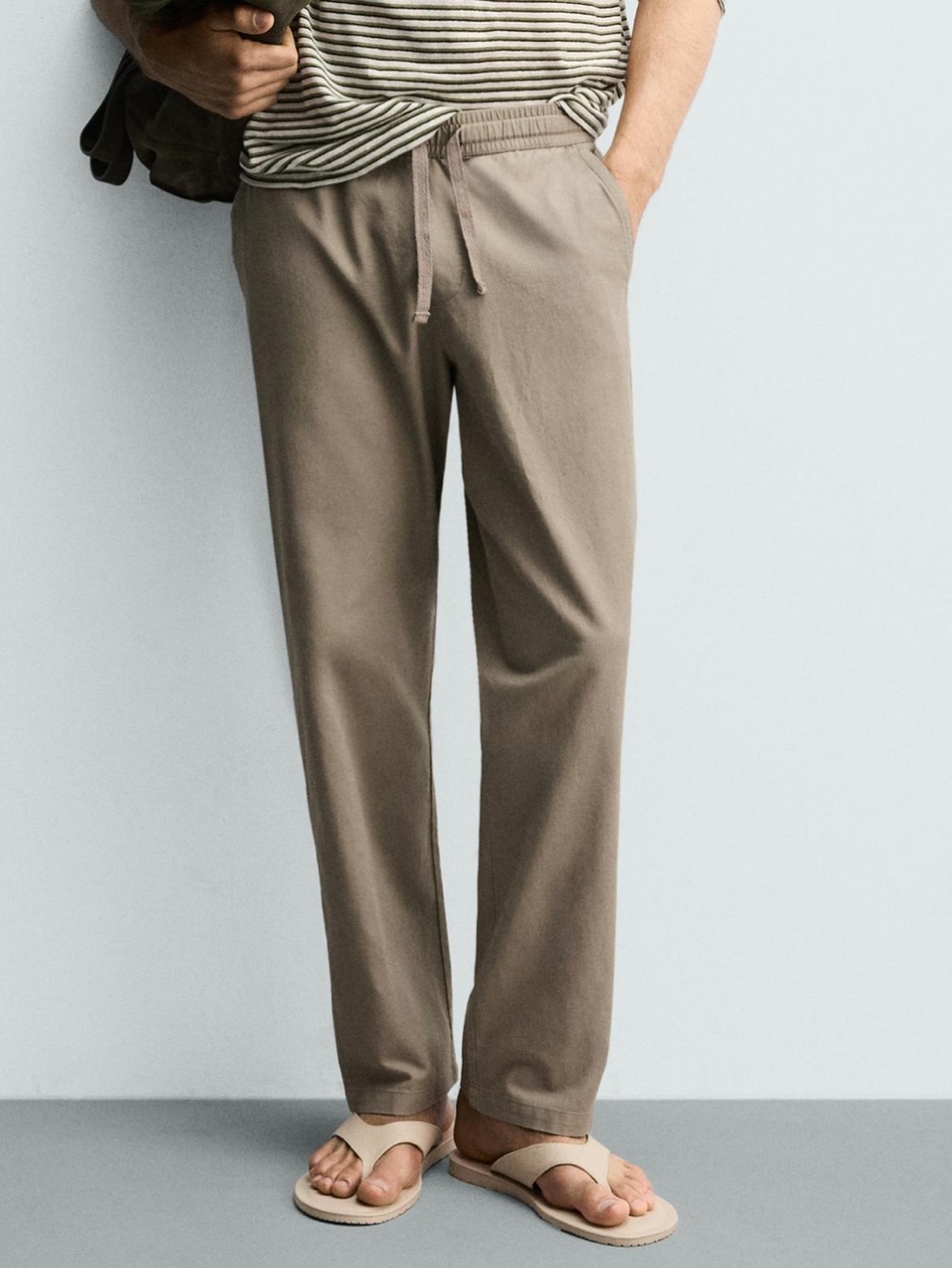 Zara Men’s Relaxed Fit Linen Blend Drawstring Pants Olive Khaki